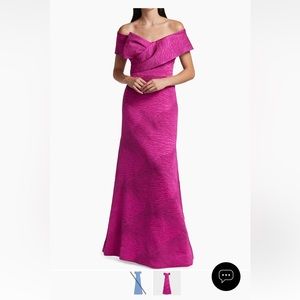 Teri Jon By Rickie Freeman Jacquard Off-The-Shoulder Gown in Wild Berry